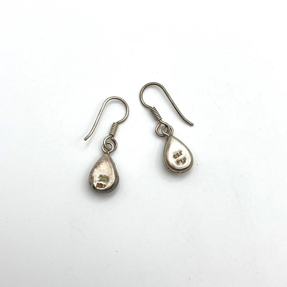 Vintage 925 Sterling Silver Real Pressed Flower Teardrop Dangle Earrings Mexico